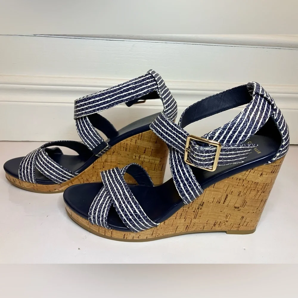 Cole Haan Grand OS Women’s 8.5 Blue White Jillian Cork Wedge Sandal Platform - Picture 2 of 10
